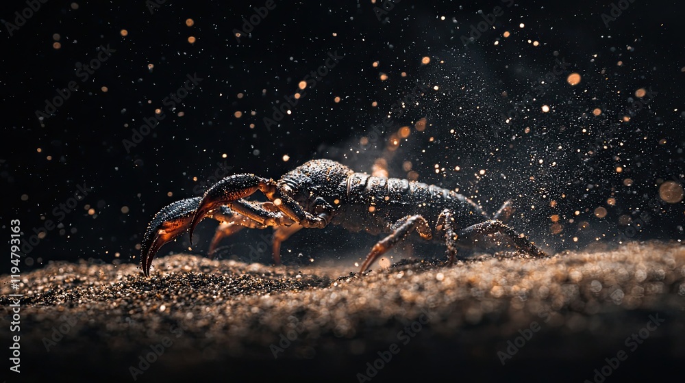Fototapeta premium Scorpion in a dramatic close-up, illuminated by scattered light particles against a dark background. Highlights danger, nature, and survival. Generative AI