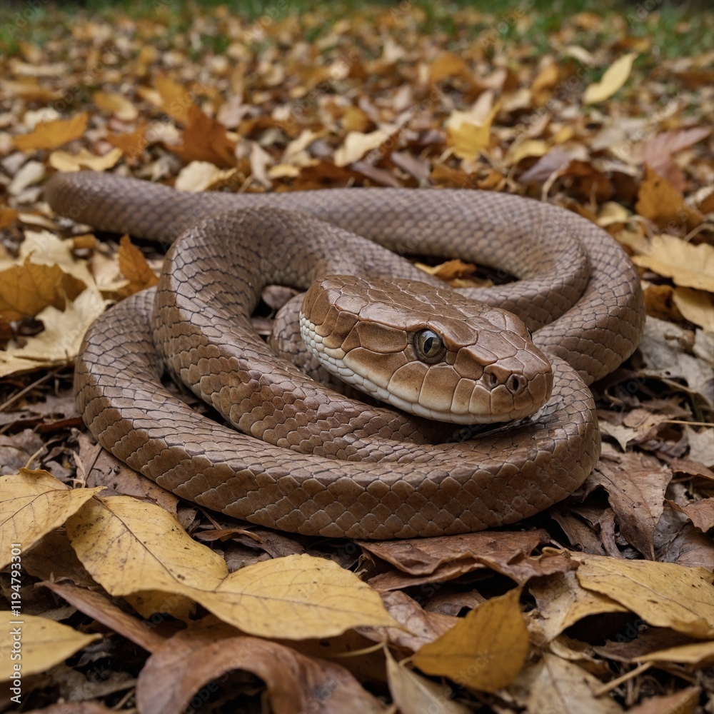 Fototapeta premium A copperhead in autumn leaves with a white background.