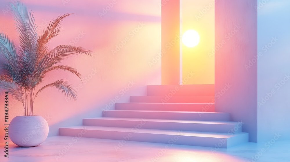 Obraz premium Pastel Staircase with Tropical Plant in Modern Room