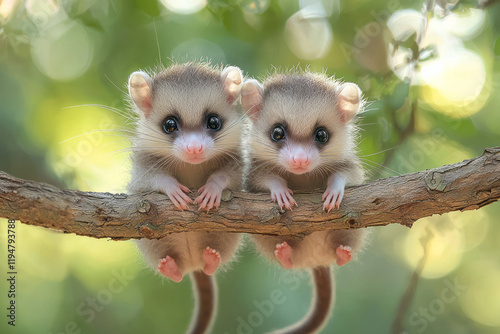 Two playful baby opossums hanging on a tree branch, one dangling upside down while the other looks curious, against a soft green blurred background,