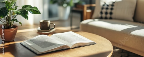 A glossy magazine mockup spread open on a modern coffee table, 4k photo.
