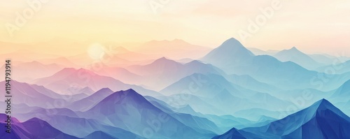 Abstract mountain landscape in soft pastel colors, featuring a textured, low poly design that creates a serene, dreamy atmosphere with gentle gradients