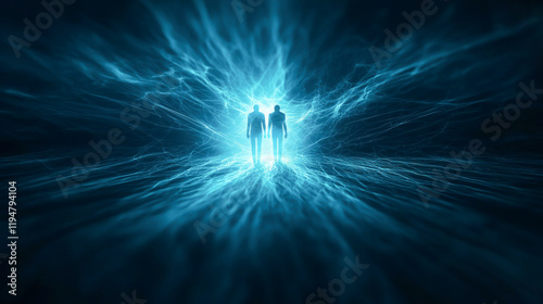 A mystical scene depicting two figures surrounded by glowing blue energy and light.