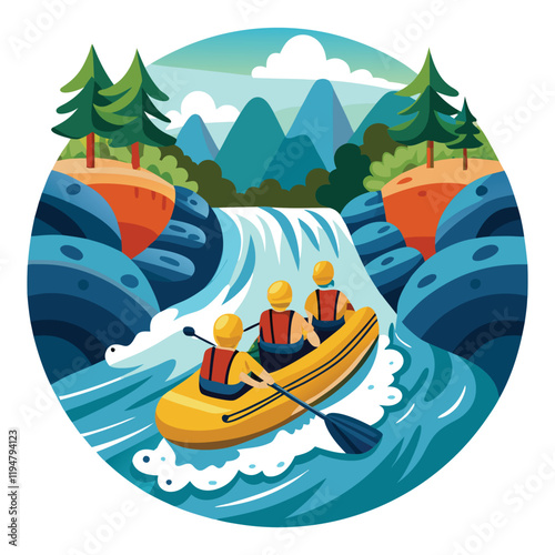 Adventurous group rafting down river, vector illustration, outdoor adventure concept