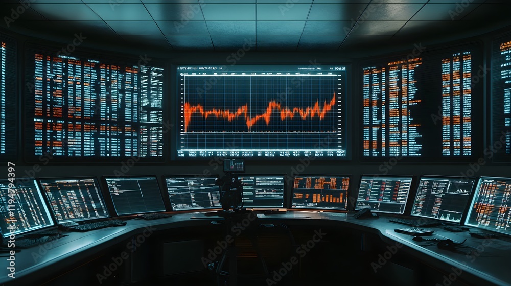 A high-tech robotic interface featuring mechanical eyes tracking moving financial graphs and market trends displayed on translucent screens in a futuristic control room A high-tech robotic interface featuring mechanical eyes tracking moving financial graphs and market trends displayed on translucent screens in a futuristic control room