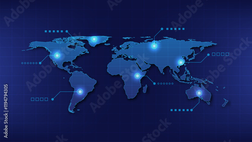 World map technology network connection with shadow. HUD Glow futuristic vector design, with line point location for infographic use to your globalization interface website