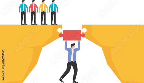 Partnership concept. A helping hand connects a jigsaw puzzle together to create a bridge.