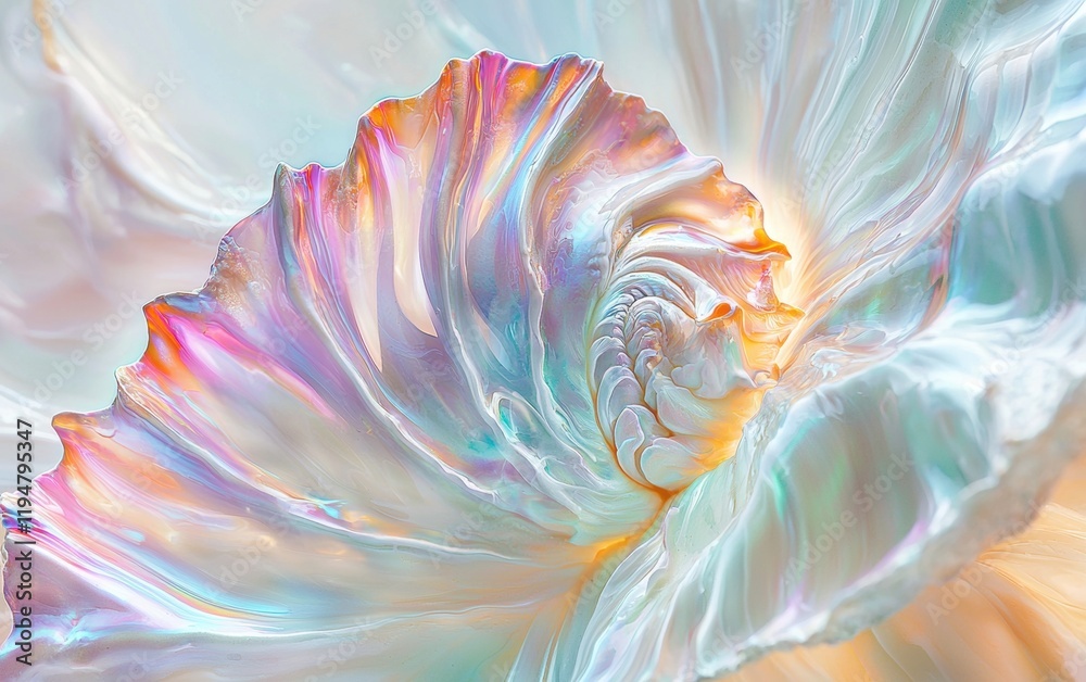 Fototapeta premium A radiant photo of a pearly shell texture with a kaleidoscope of pastel shades, including coral and turquoise, on a bright white surface