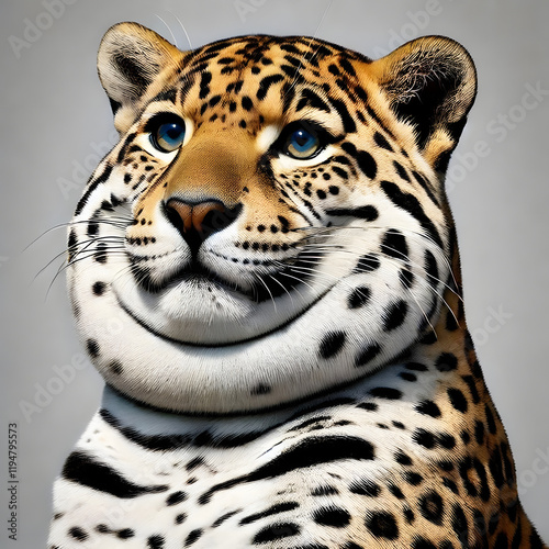 Chubby Jaguar Portrait: A close-up portrait of an overweight jaguar, showcasing its unique spotted coat, captivating blue eyes, and a surprisingly endearing chubby face. photo