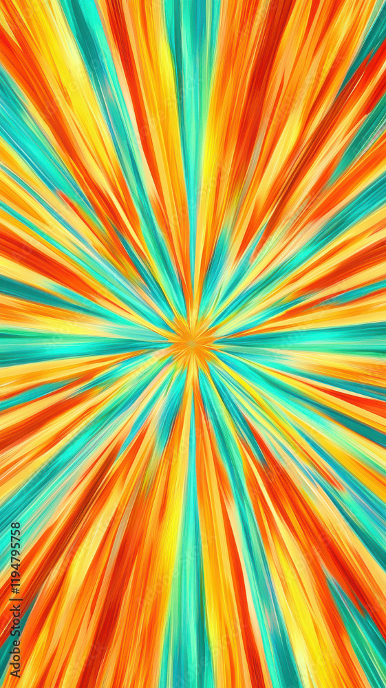 Fototapeta premium Energetic abstract explosion of teal, orange, and yellow rays radiating outward, perfect for bold summer-themed designs, dynamic backgrounds, and creative projects