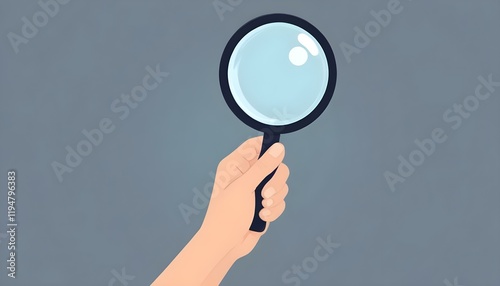 A hand holding a black-handled magnifying glass with a circular lens, set against a transparent background. The image highlights the magnifying glass as the focal point.