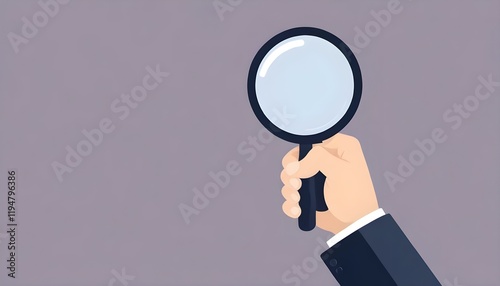 A hand holding a black-handled magnifying glass with a circular lens, set against a transparent background. The image highlights the magnifying glass as the focal point.