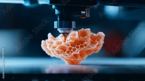 3D printing process creating intricate coral-like structure in a modern lab environment