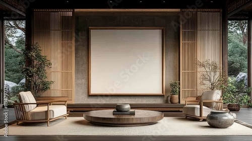 Modern Minimalist Living Room with Natural Elements and Artwork Space