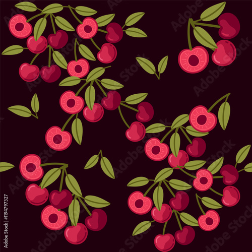 Seamless pattern of Red ripe cherry berry with green leaf. Whole and halves cherry with seed. Fresh and juicy nature of the fruits. Vector illustration on dark background