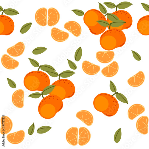Seamless pattern of Mandarin with green leaves, whole and sliced citrus tropical fruit. Ripe exotic nutrition food, simple cartoon style. Flat vector illustration on white background