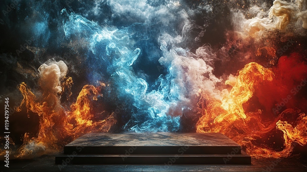 Dark stone platform with fire and ice smoke. Dark stone platform with fire and ice smoke.