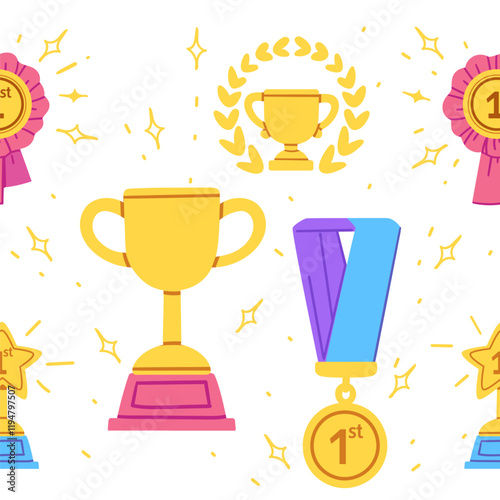 Golden trophies, medals, and laurels in a bright decorative layout. Great for awards, competitions, or celebratory visuals. Vector illustration