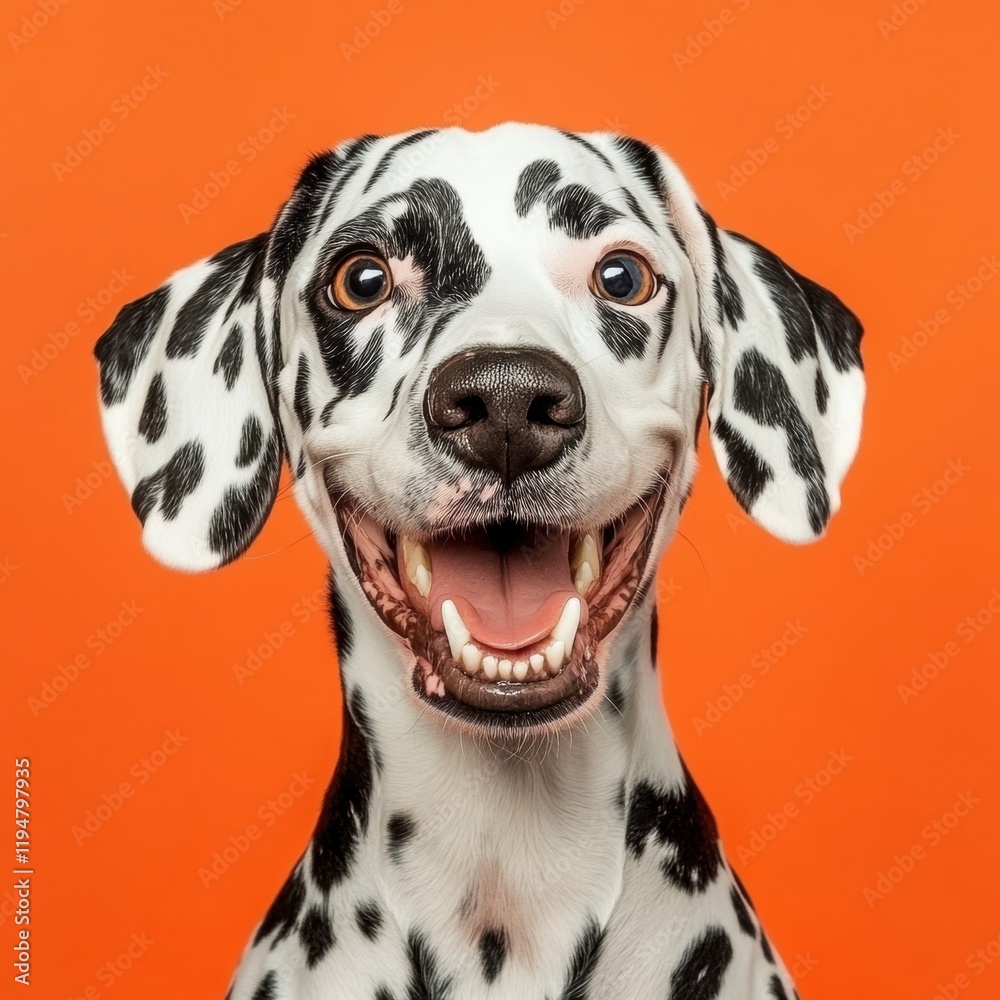 Close-up portrait of a cheerful dalmatian dog with a wide smile and a bright orange backdrop Close-up portrait of a cheerful dalmatian dog with a wide smile and a bright orange backdrop