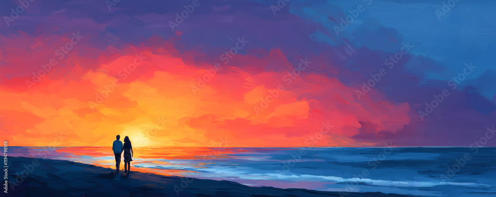 Fototapeta premium A romantic sunset view with a couple embracing on the beach at dusk.