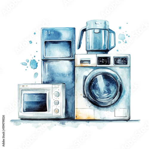 A watercolor painting of smart appliances, isolated on a white background. Smart appliances vector.
