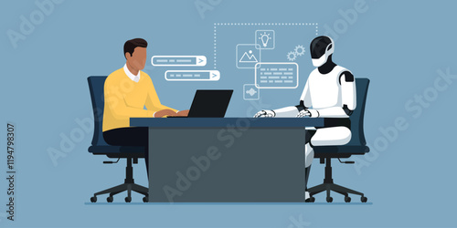 Man and robotic humanoid working together in the office