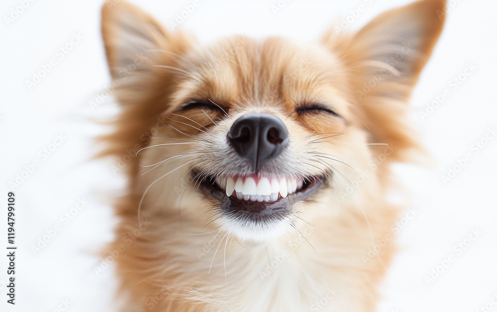 Close-up portrait of a cheerful dog with a wide smile and a bright white backdrop Close-up portrait of a cheerful dog with a wide smile and a bright white backdrop