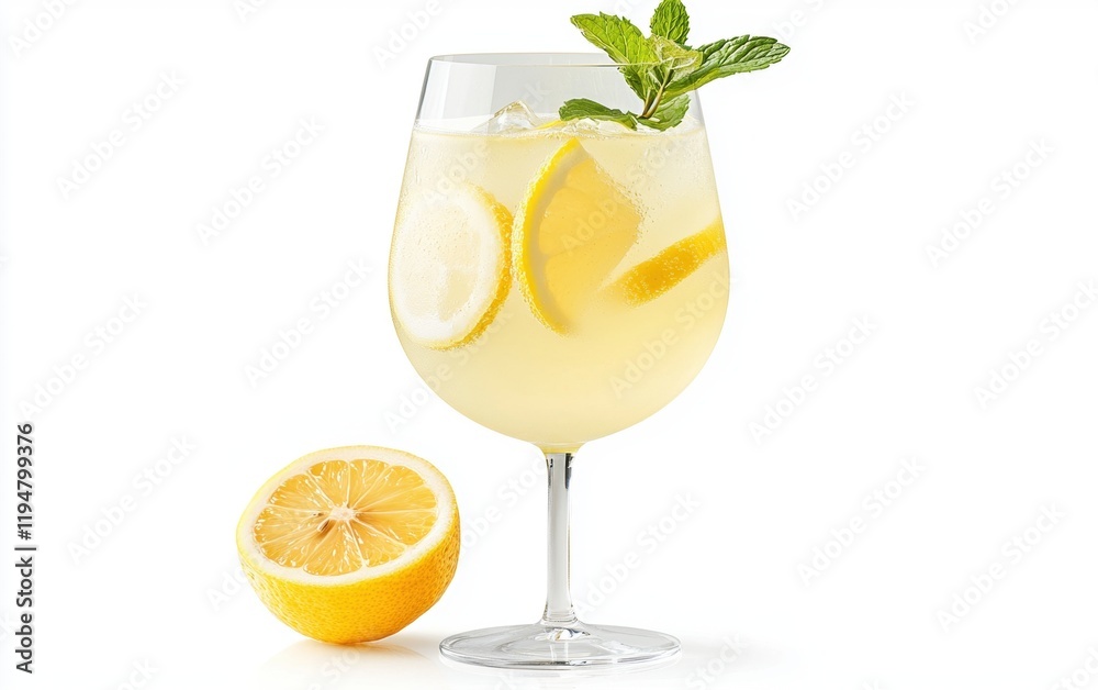A refreshing glass of lemonade with floating lemon slices and a sprig of mint, placed on a clean white background