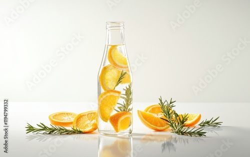 A refreshing glass bottle of sparkling water infused with orange slices and rosemary sprigs on a clean white background photo