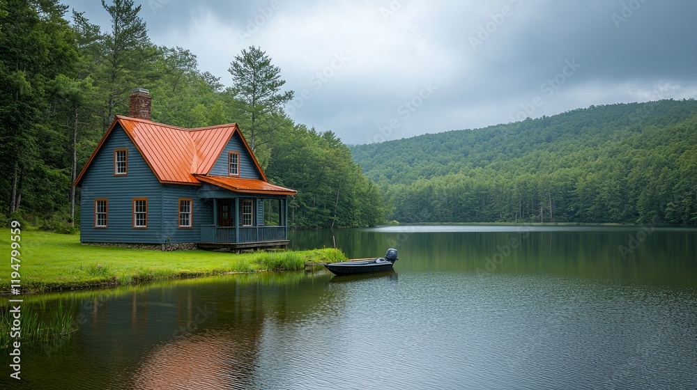 Lakeside cabin, tranquil lake, green hills, overcast sky, peaceful retreat Lakeside cabin, tranquil lake, green hills, overcast sky, peaceful retreat