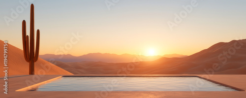 A serene desert landscape featuring a pool and a cactus during sunset. photo