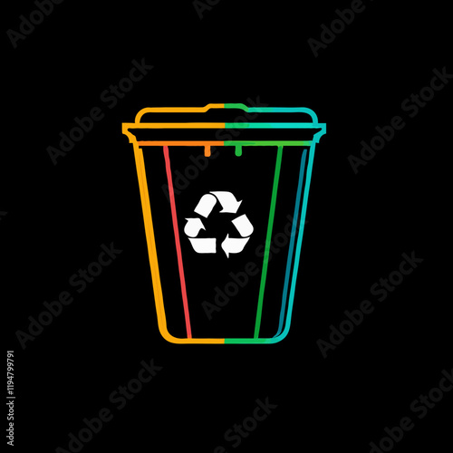 A trash can featuring a recycling symbol, set against a stark black background, highlighting sustainability efforts. Vector illustration