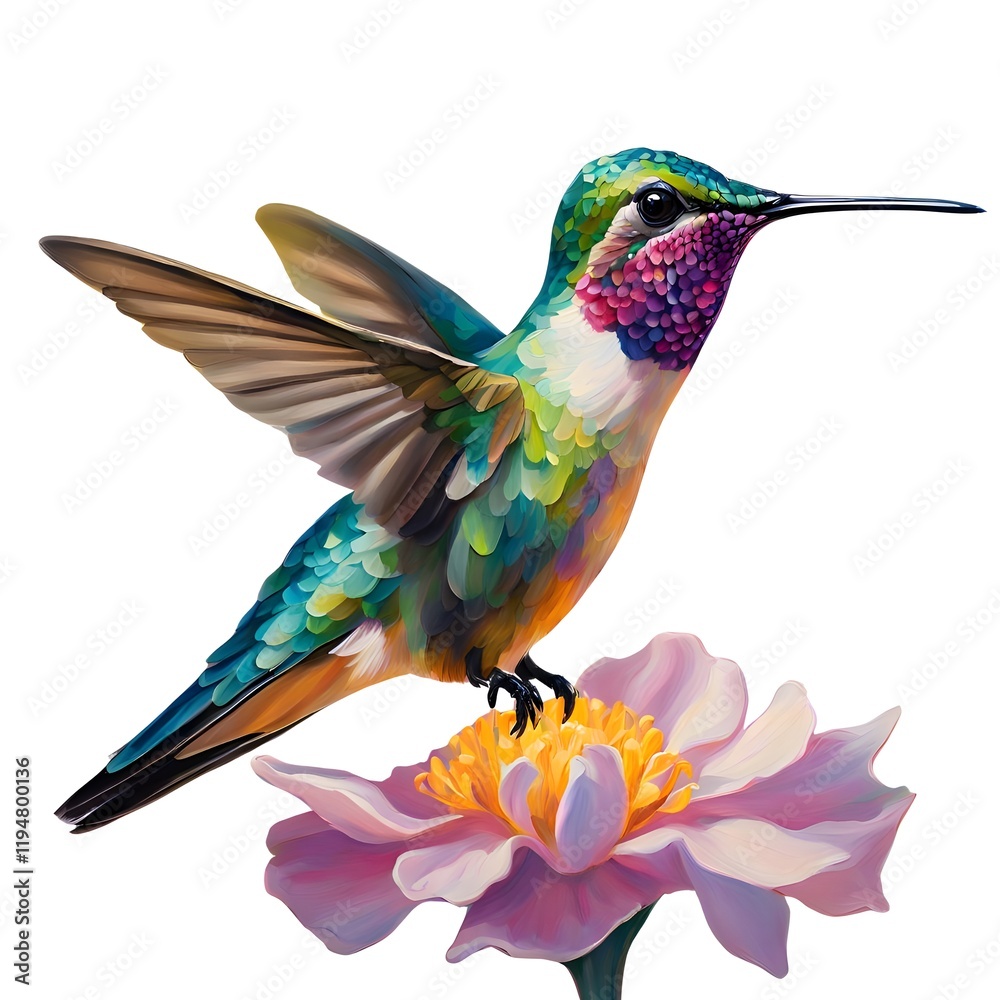 Fototapeta premium A hummingbird flying near a flower with vibrant wings and a ruby red beak, perched on a branch in a lush green natural setting