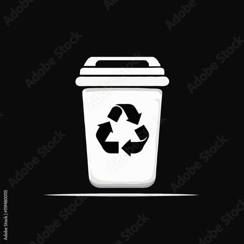 A trash can with a recycling symbol, placed on a solid black background. Vector illustration