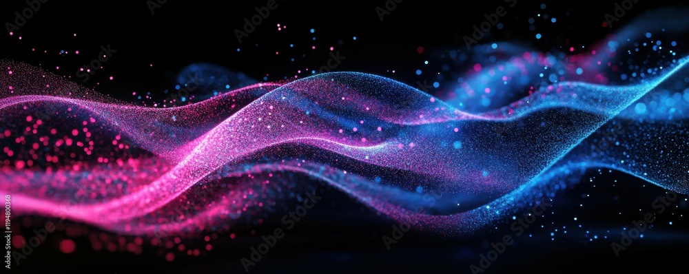 abstract waves, digital background with blue and pink neon colors, smooth flowing shapes, glowing points creating depth, suitable for futuristic themes and technology concepts