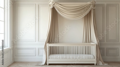 Elegant Nursery Decor with Canopy and White Crib in Soft Light