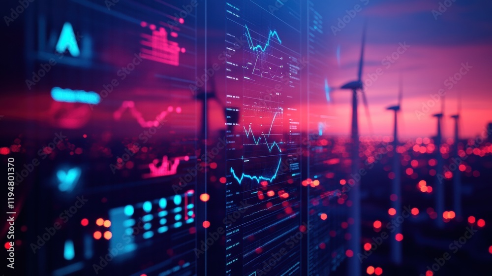 Fototapeta premium Modern Data Visualization with Wind Turbines at Dusk Landscape
