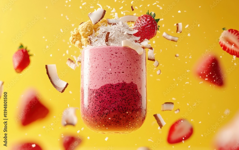 A refreshing smoothie layered with acai and strawberries, garnished with coconut flakes, floating mid-air on a warm yellow backdrop A refreshing smoothie layered with acai and strawberries, garnished with coconut flakes, floating mid-air on a warm yellow backdrop