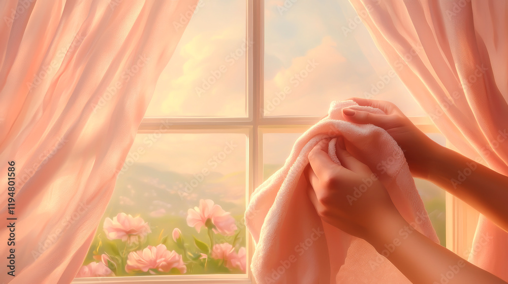 Naklejka premium A serene moment of hands adjusting soft curtains by a sunny window with blooming flowers.
