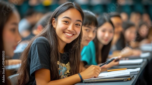 Smiling Student Engaged in Class with Friends in Background