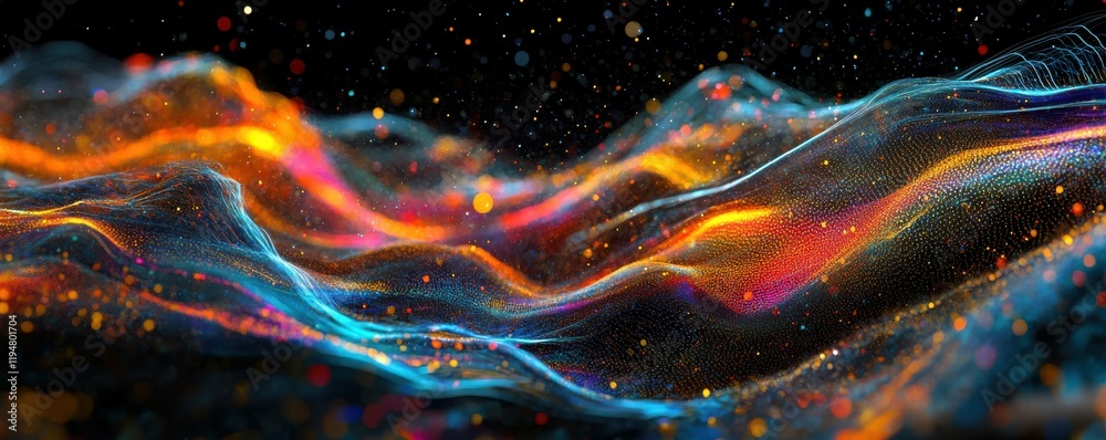 abstract waves, light effects, digital landscape, colorful particles, glowing lines, modern art, technology background, futuristic concept, luminous trails, vibrant design, dynamic flow