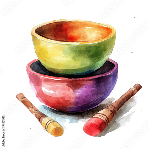 A watercolor painting of singing bowls, isolated on a white background. Singing bowls vector.
