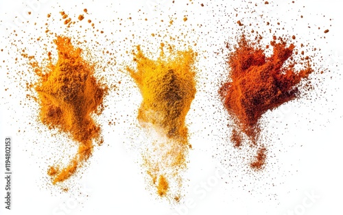 Floating colorful spice powders like turmeric, paprika, and cinnamon exploding in mid-air on a white background photo