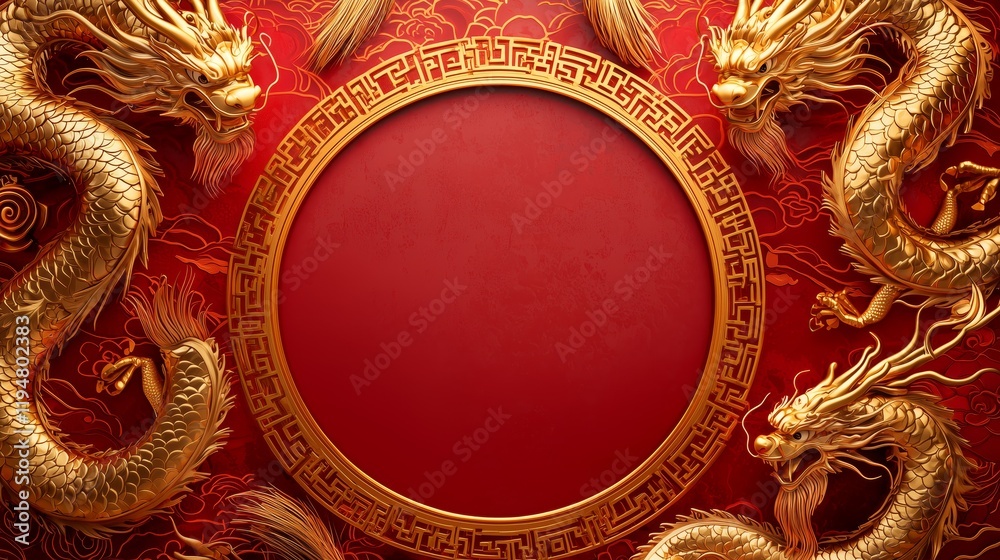 custom made wallpaper toronto digitalGolden Dragons Against Red Background with Circular Frame Design