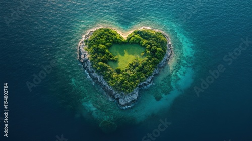 Aerial view of lush heart-shaped island surrounded by turquoise waters