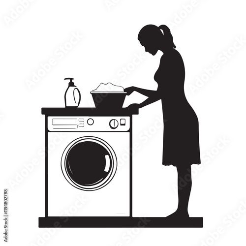 Silhouette of a Woman Washing Clothes with a Washing Machine - Vector Illustration