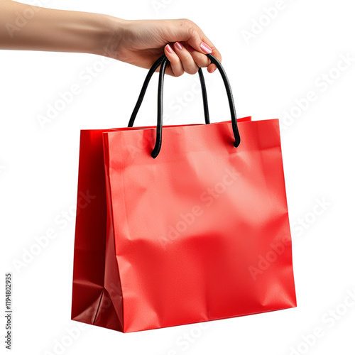 Hand Holding a Red Shopping Bag Against Red Background Isolated on transparent background