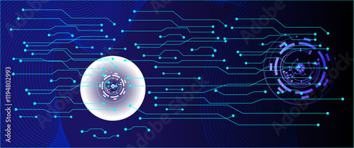 Creative round nft hologram on digital blue circuit backdrop. Non-fungible token and digital blockchain artwork concept.