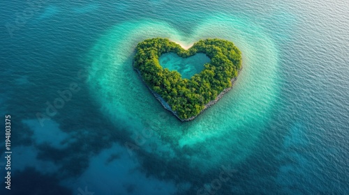 Heart-shaped tropical island surrounded by turquoise water and coral reefs