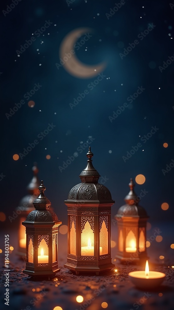 Obraz premium Islamic lanterns ornate crescent moon glowing candle light